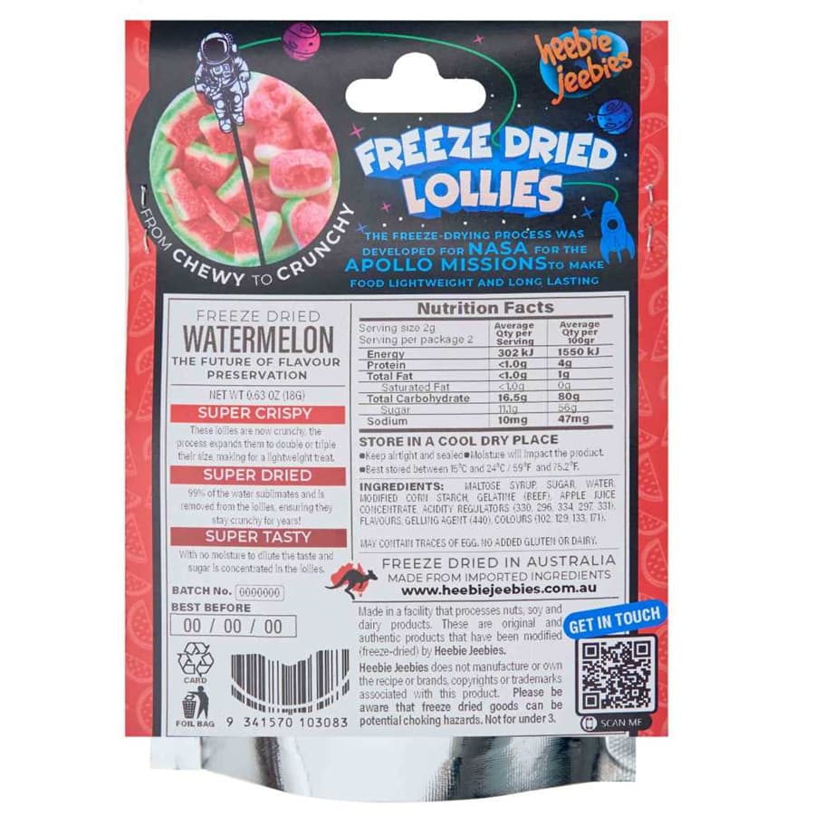 Heebie Jeebies Freeze-Dried Lollies Sour Watermelon back of packaging