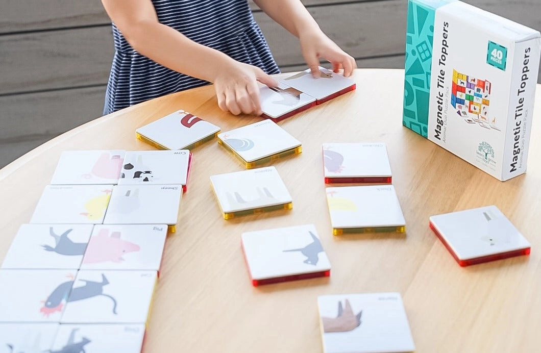 Learn and Grow - Magnetic Tile Toppers - Animal Duo Puzzle 40 Pc