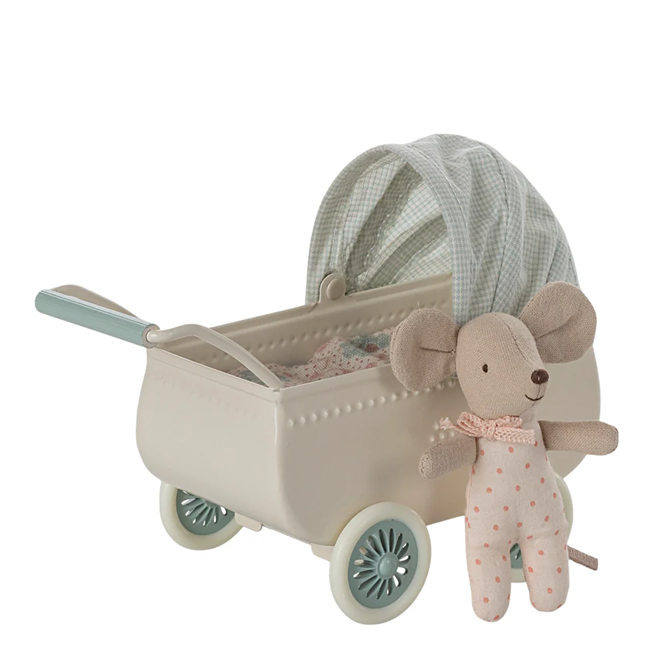 Maileg - Pram with Baby Mouse Mint