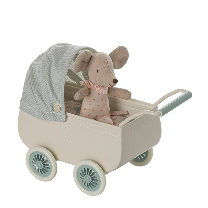 Maileg - Pram with Baby Mouse Mint