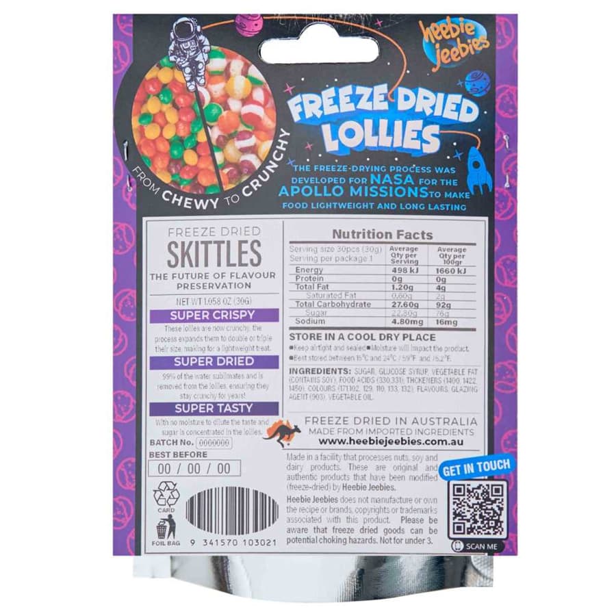 Heebie Jeebies Freeze-Dried Lollies - Skittles Mini back of packaging