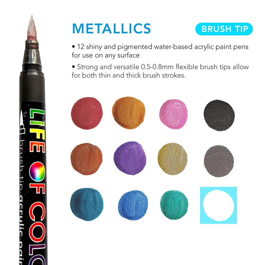Life of Colour - Metallic Brush Tip Acrylic Paint Pens - Set of 12