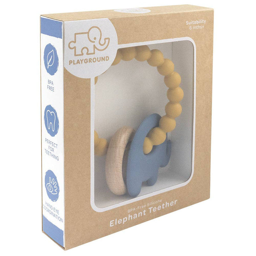 Playground - Silicone Elephant Teether with Wooden Ring - Steel Blue