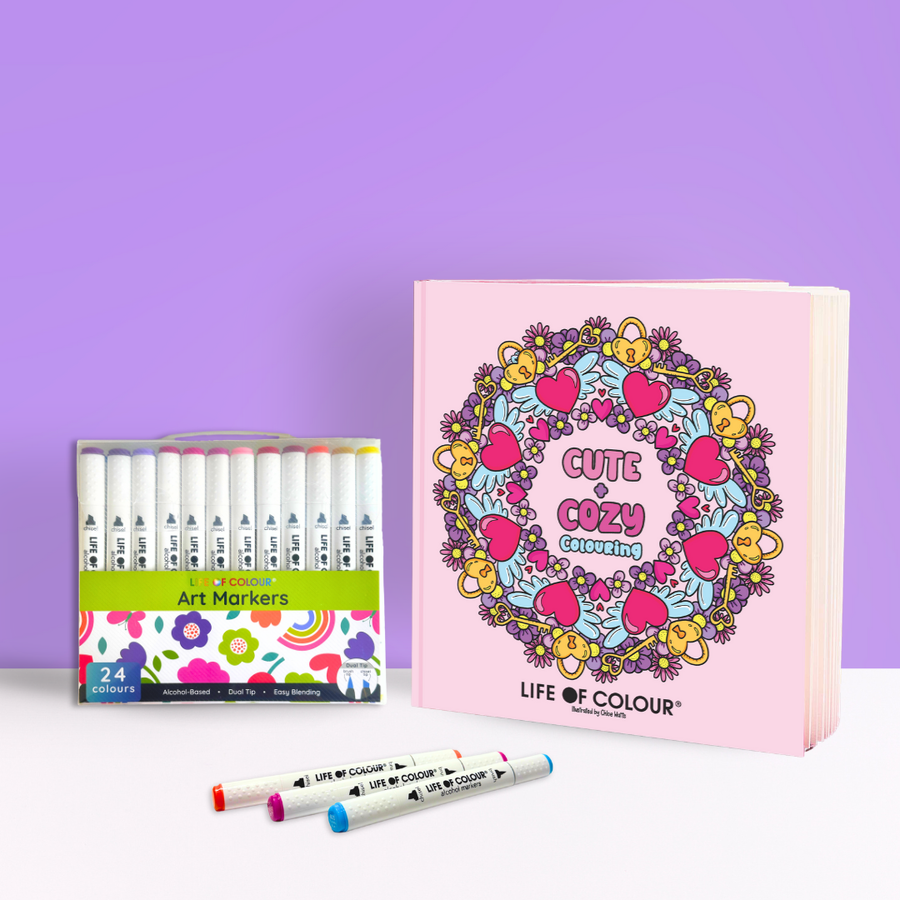 Life of Colour - Cute and Cosy Colouring Book and Art Markers Bundle