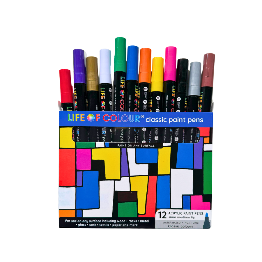 Life of Colour - Classic Colours 3mm Medium Tip Acrylic Paint Pens - Set of 12