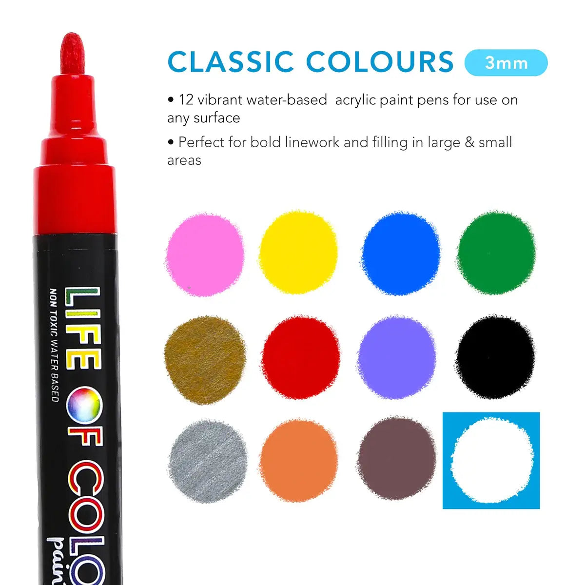 Life of Colour - Classic Colours 3mm Medium Tip Acrylic Paint Pens - Set of 12