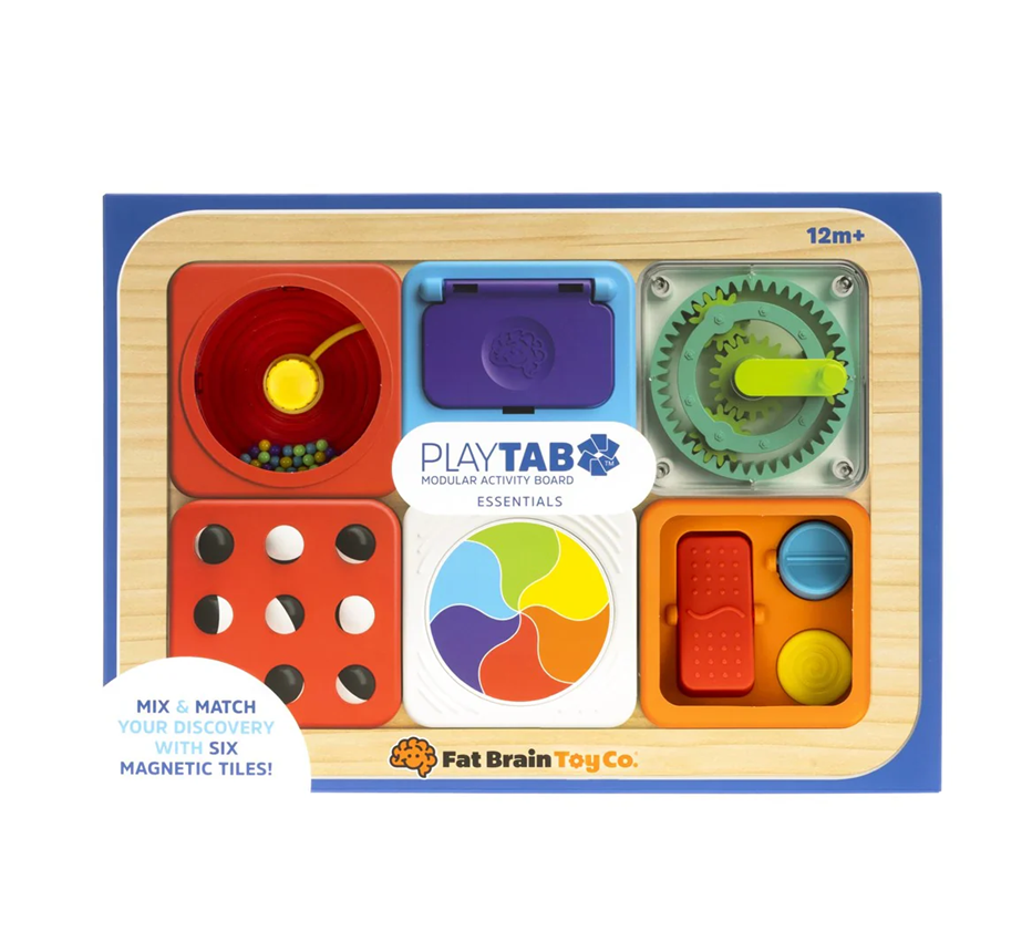 Colourful toy activity board with magnetic pieces on a white background