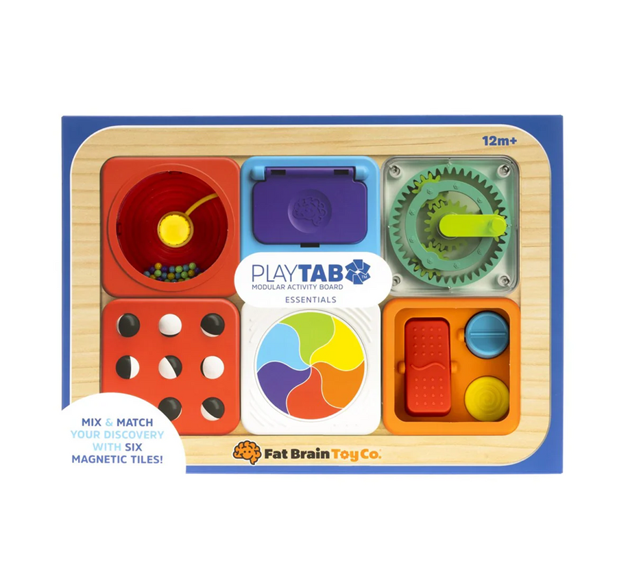 Colourful toy activity board with magnetic pieces on a white background