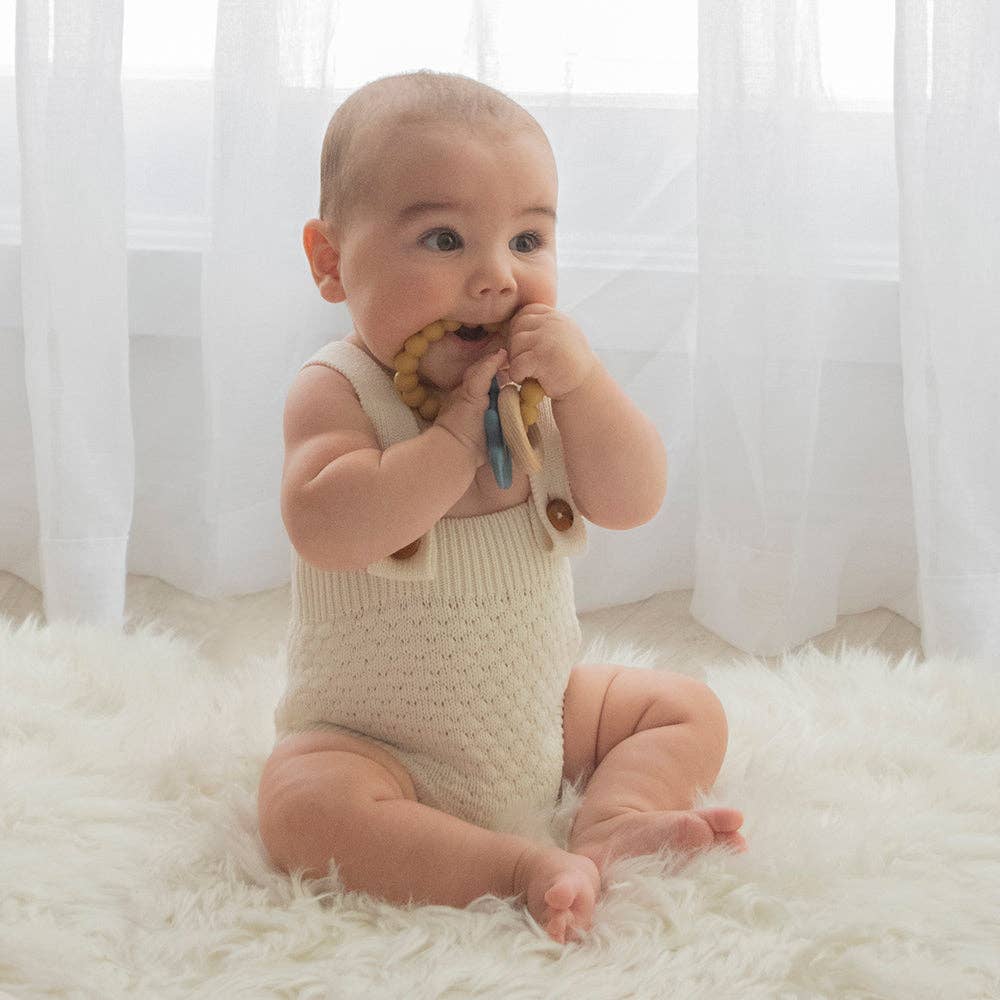 Playground - Silicone Elephant Teether with Wooden Ring - Steel Blue
