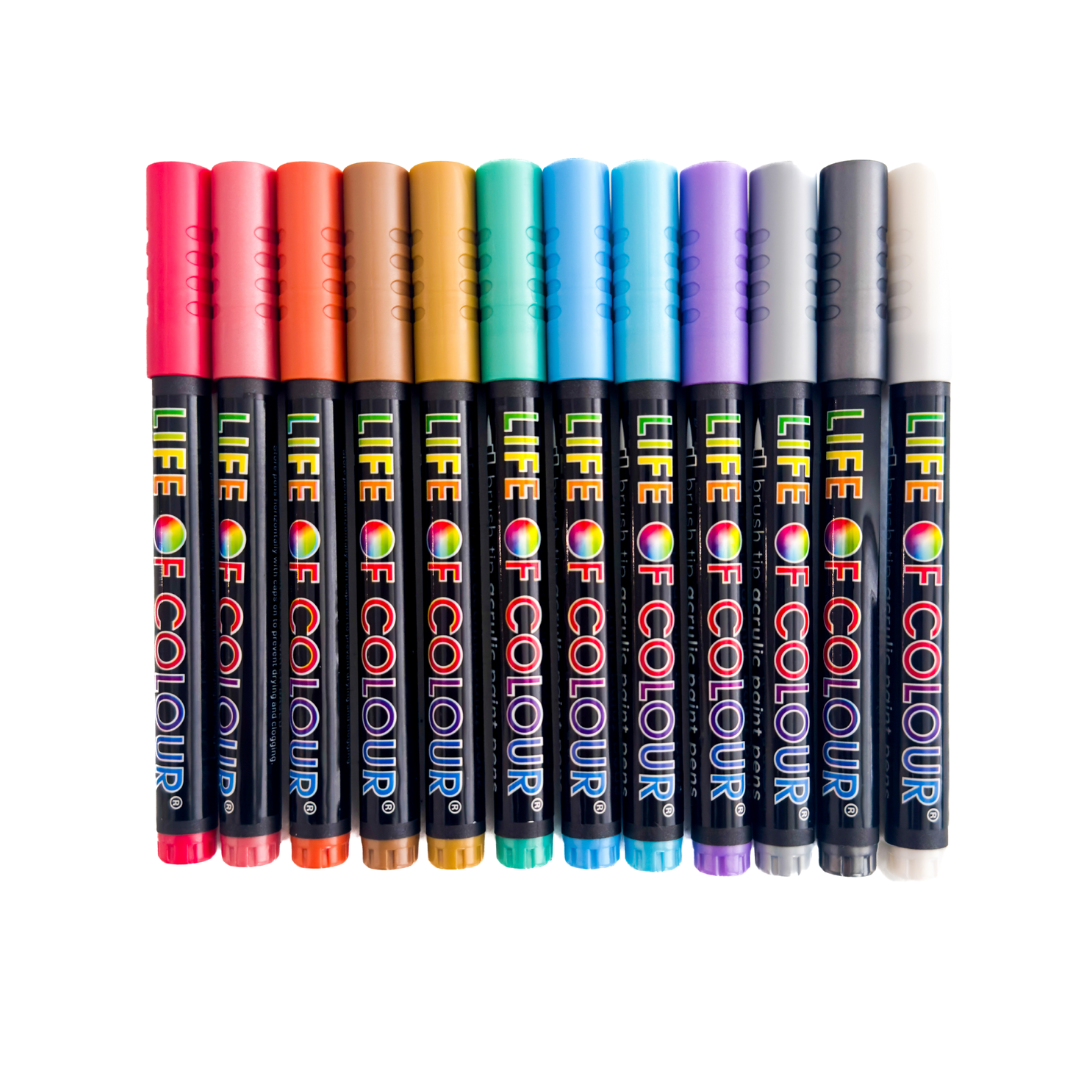 Life of Colour - Metallic Brush Tip Acrylic Paint Pens - Set of 12