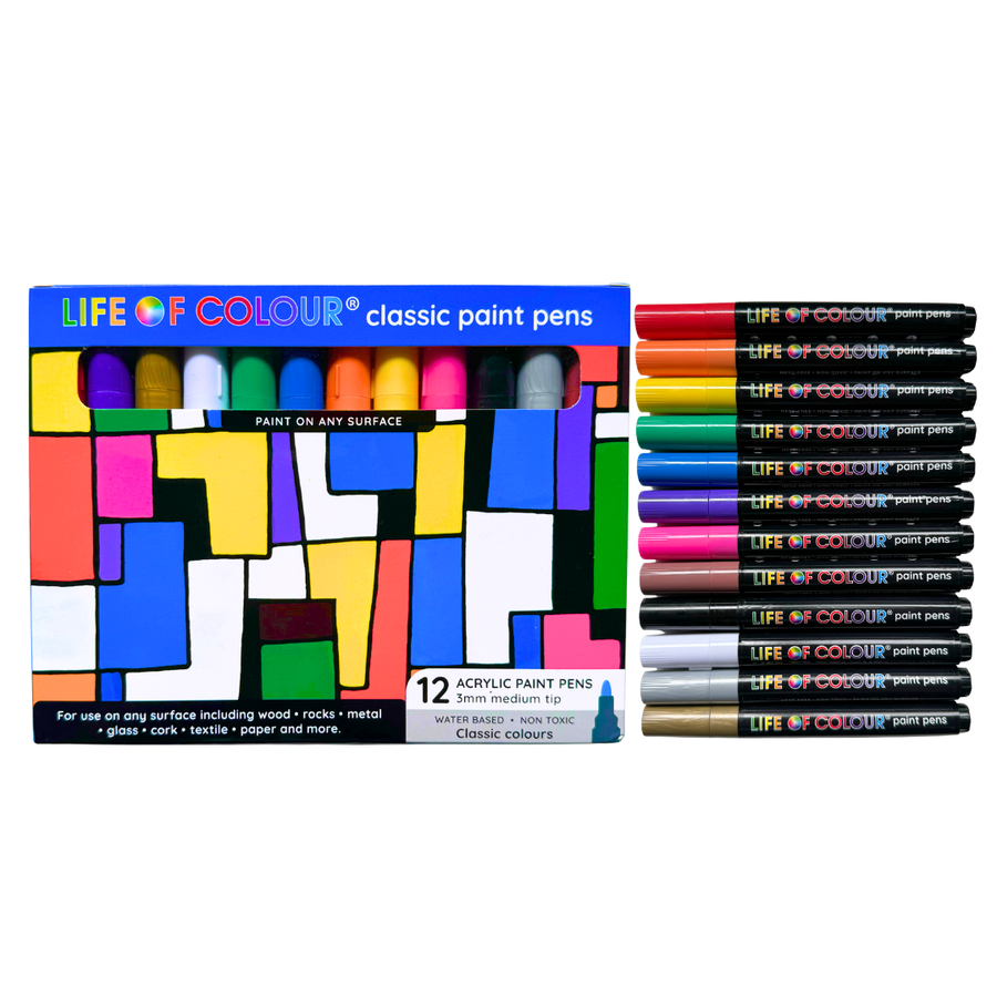 Life of Colour - Classic Colours 3mm Medium Tip Acrylic Paint Pens - Set of 12