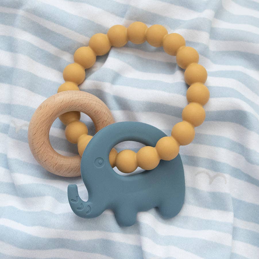 Playground - Silicone Elephant Teether with Wooden Ring - Steel Blue
