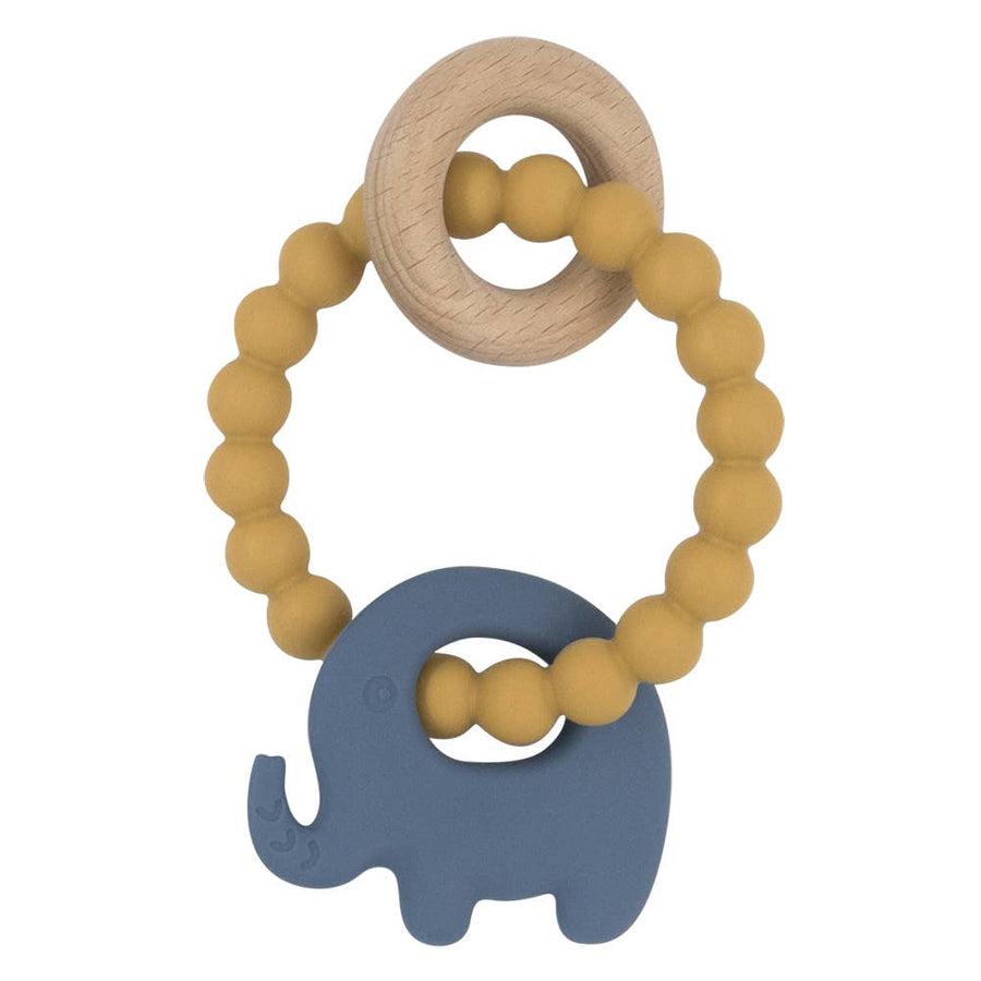 Playground - Silicone Elephant Teether with Wooden Ring - Steel Blue