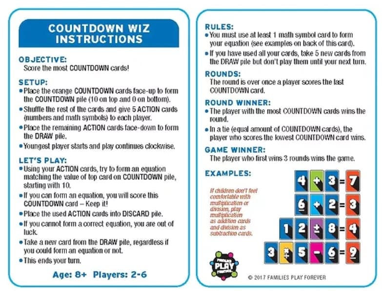 Countdown Wiz Card Game - instructions