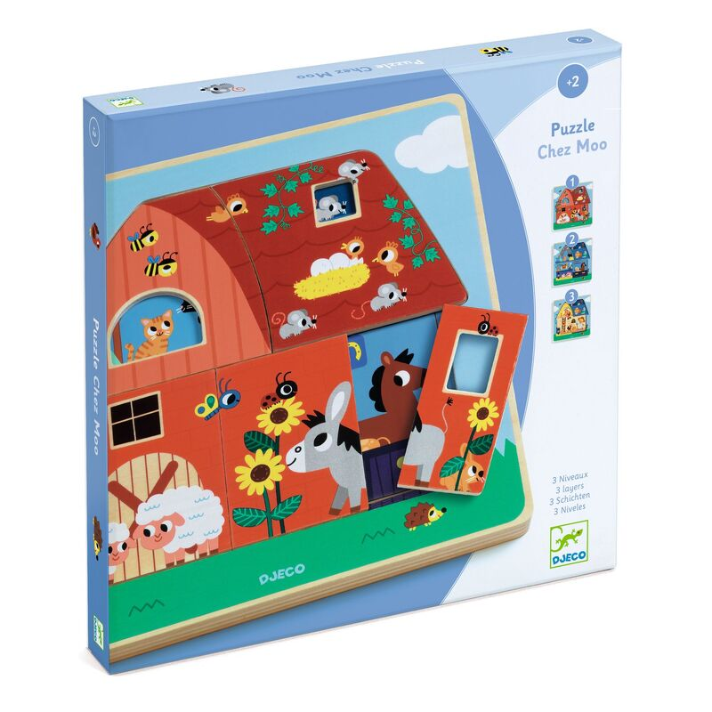 Djeco - Chez Moo - 12 Piece Farm Barnyard 3 Layer Wooden Puzzle