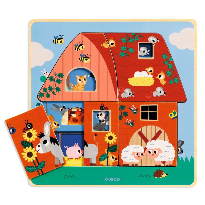 Djeco - Chez Moo - 12 Piece Farm Barnyard 3 Layer Wooden Puzzle