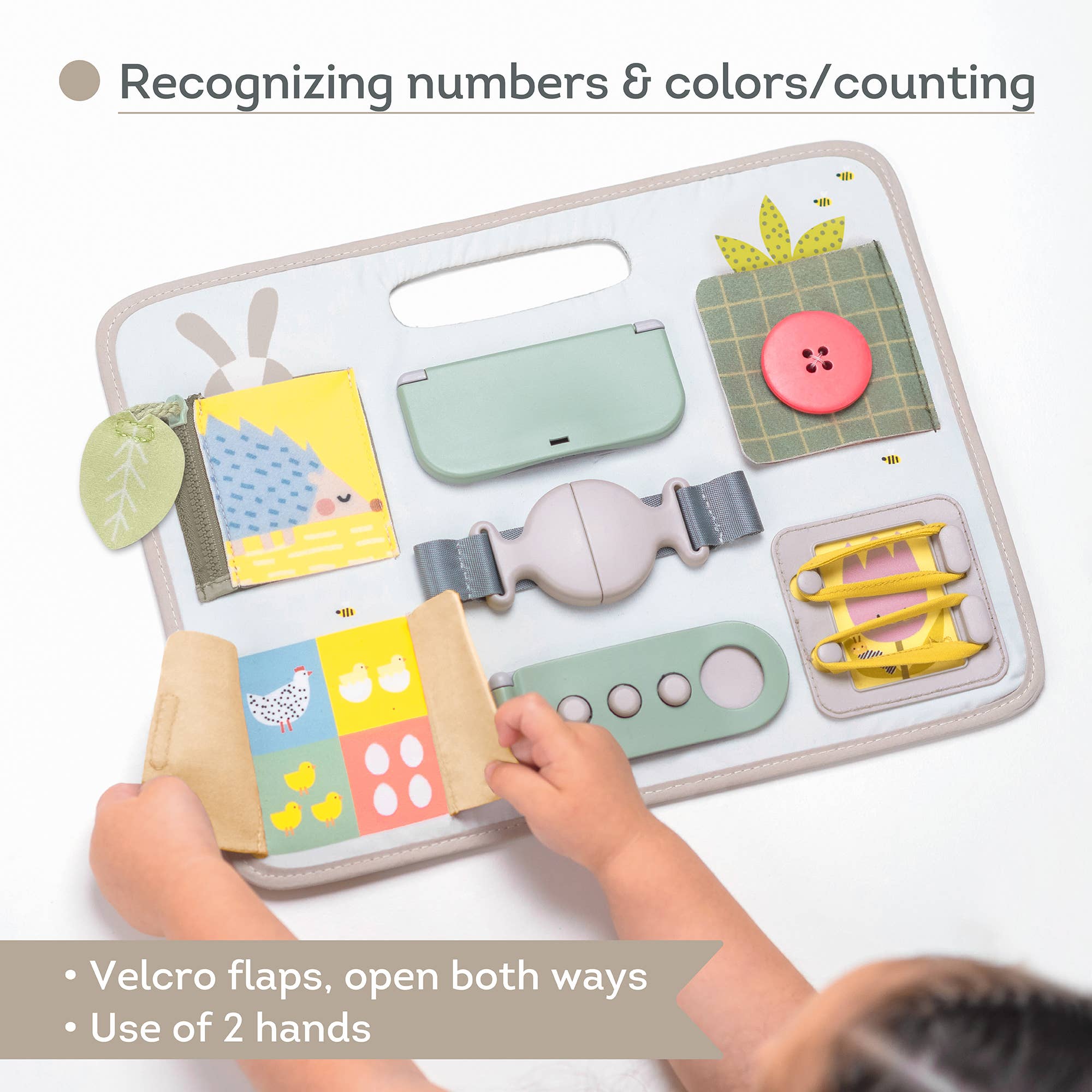 Children's educational toy with various shapes and colors, used by a child.