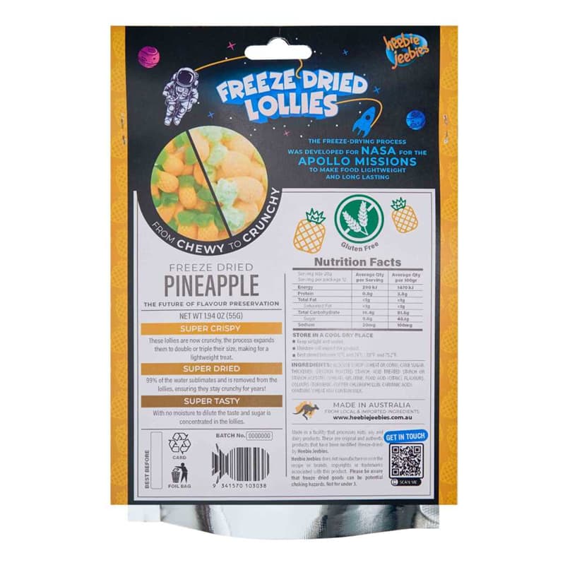 Heebie Jeebies Freeze Dried Lollies - Pineapple back of packaging