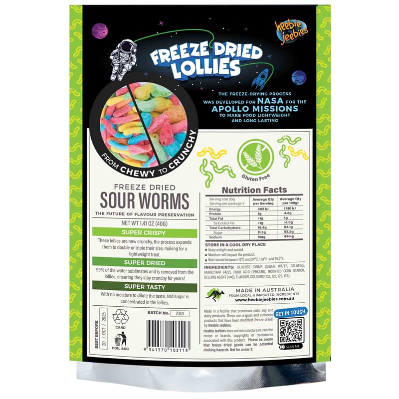 Heebie Jeebies Freeze Dried Lollies - Sour Worms back of packaging