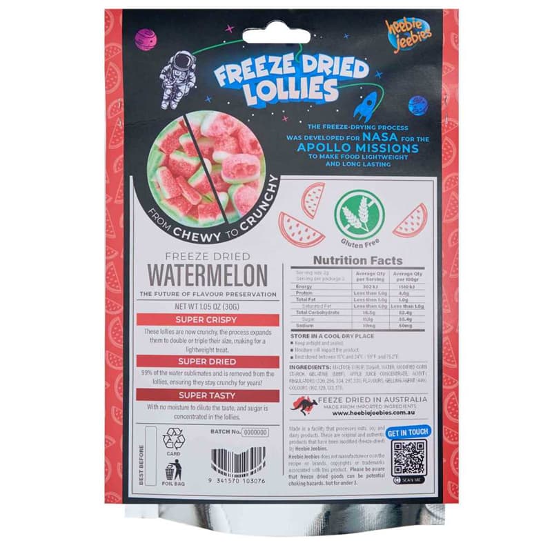 Heebie Jeebies Freeze Dried Lollies - Watermelon back of packaging