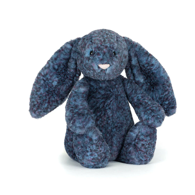Blue plush Jellycat bunny toy on a white background