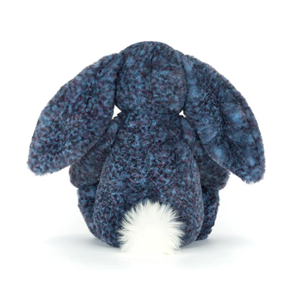 Jellycat bue textured bunny plush toy on a white background with a fluffy cream tail.