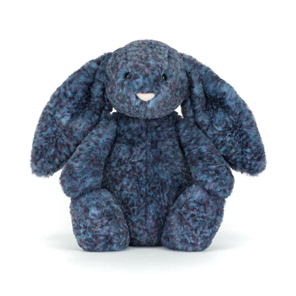 Blue textured plush bunny toy on a white background facing the front.