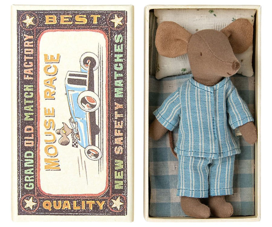 Maileg Brown Mouse Brother inside matchbox bed