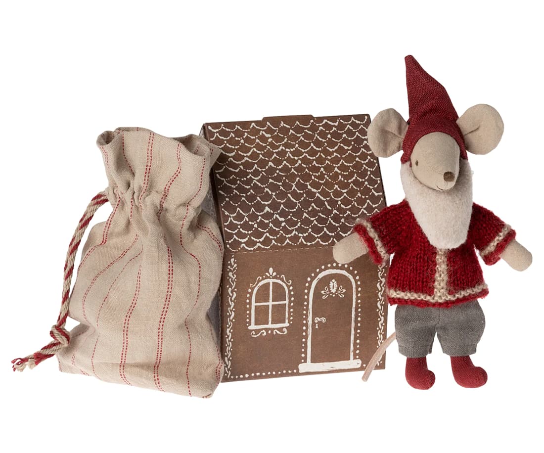 Maileg Santa Mouse with Gingerbread House and Santa Sack