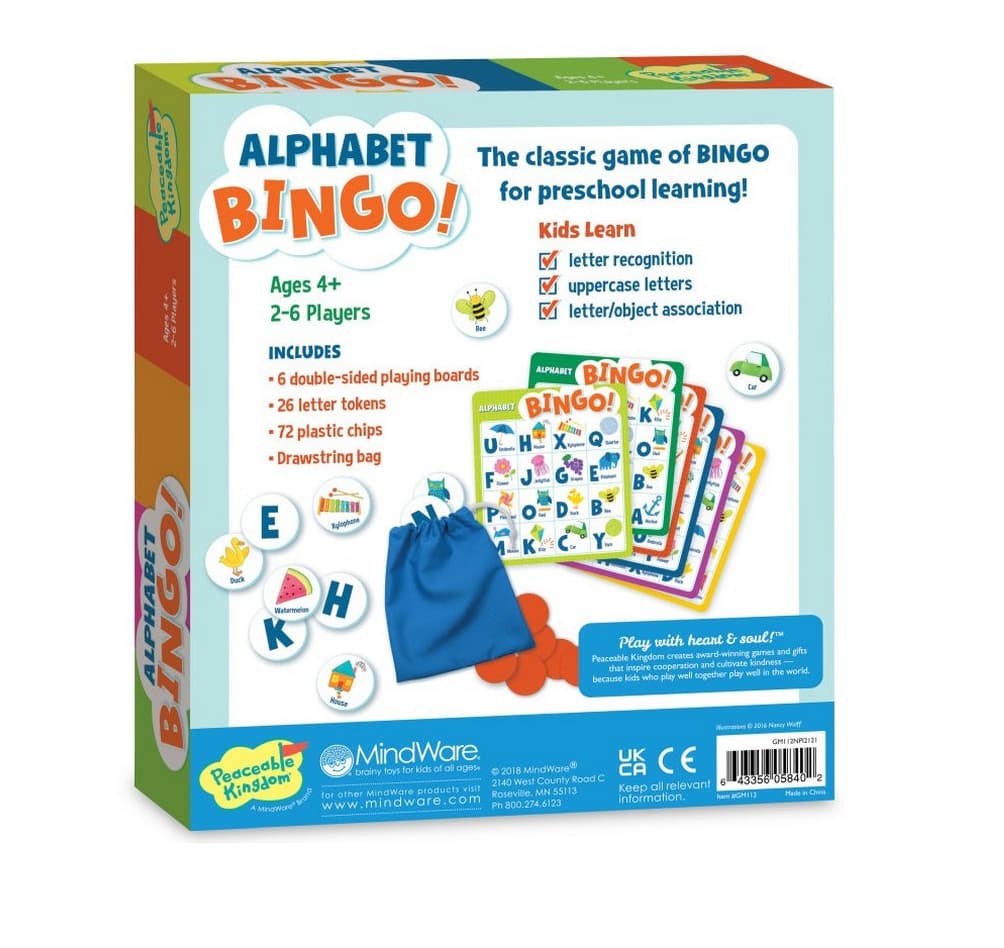 Peaceable Kingdom Alphabet Bingo game - back of box
