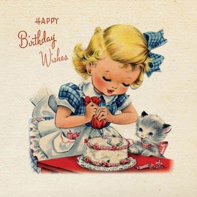 Small Greeting Card - Vintage Girl and Kitten