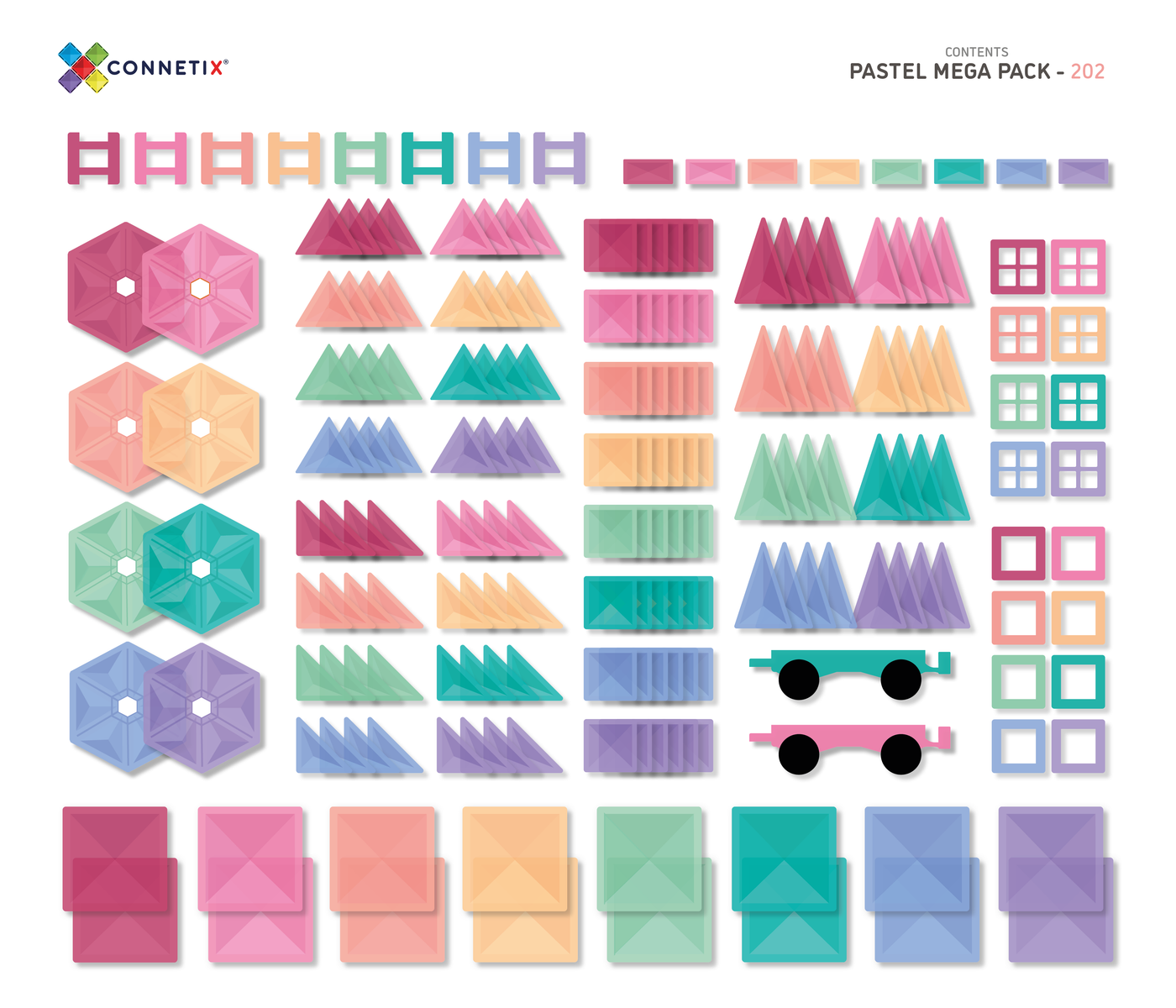 Connetix 202 Piece Magnetic Tiles Pastel Mega Pack Contents