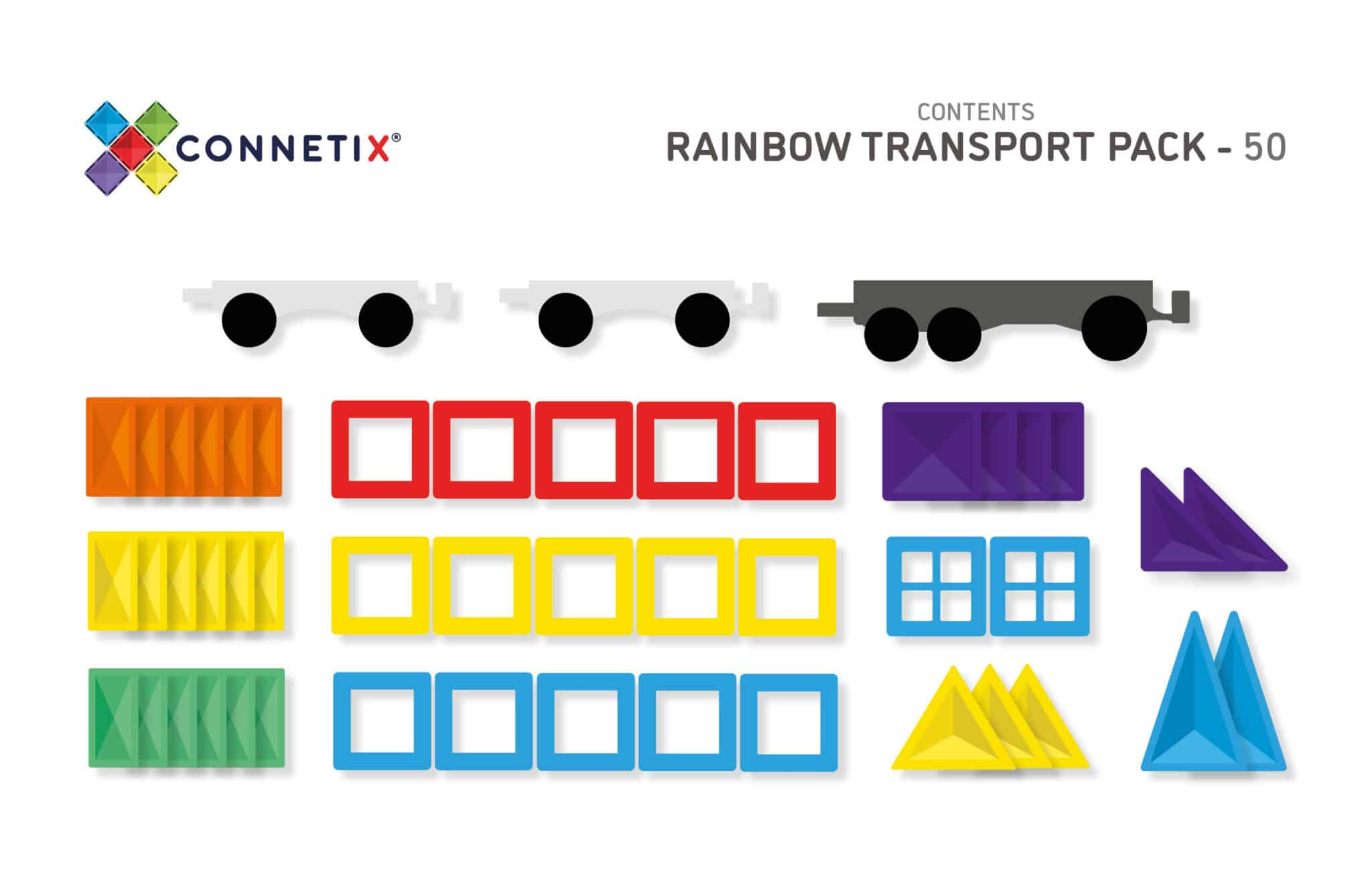 Connetix Magnetic Tiles Rainbow Transport Pack 50 Pc contents
