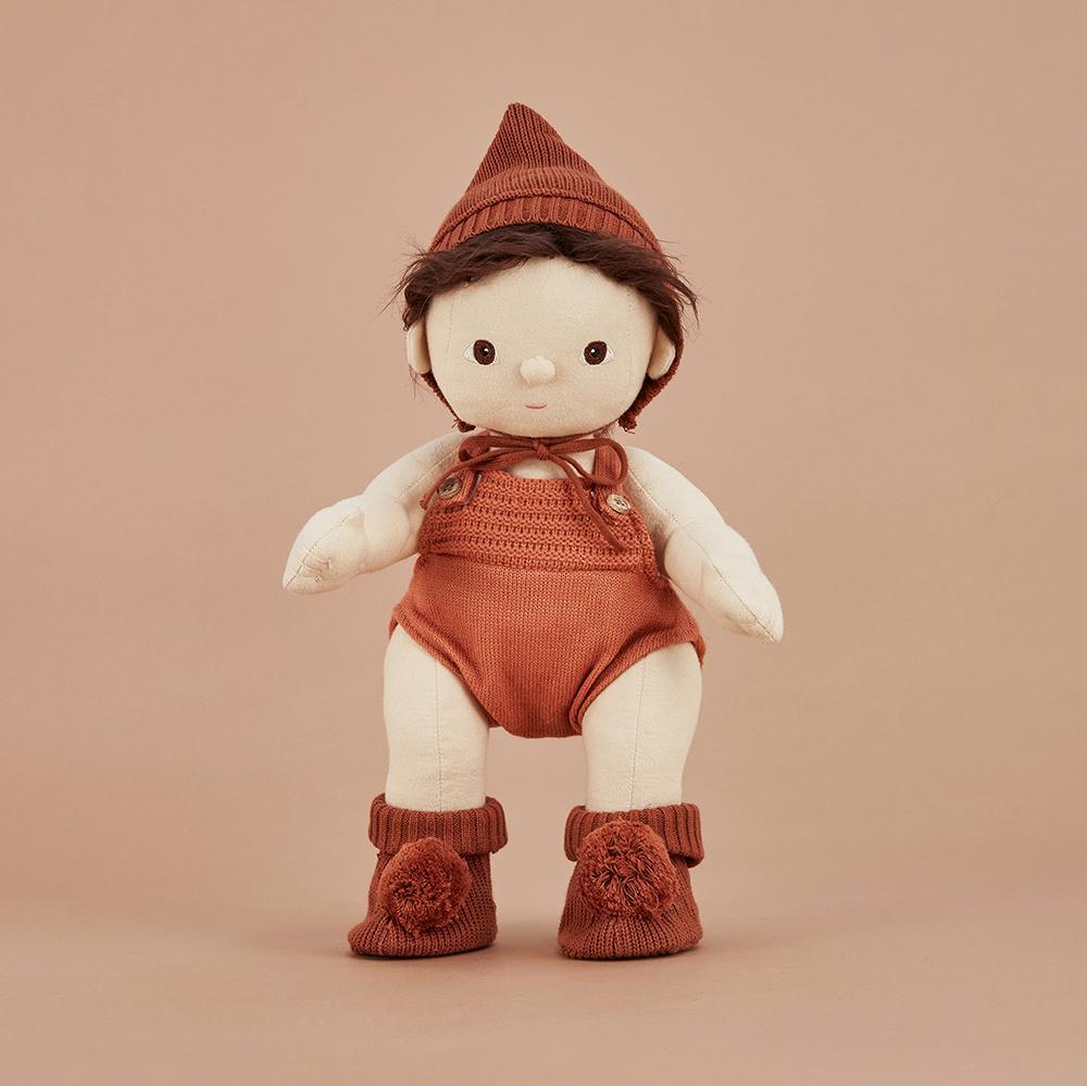 Olli Ella Dinkum Doll Knit Set Umber and Romper on doll